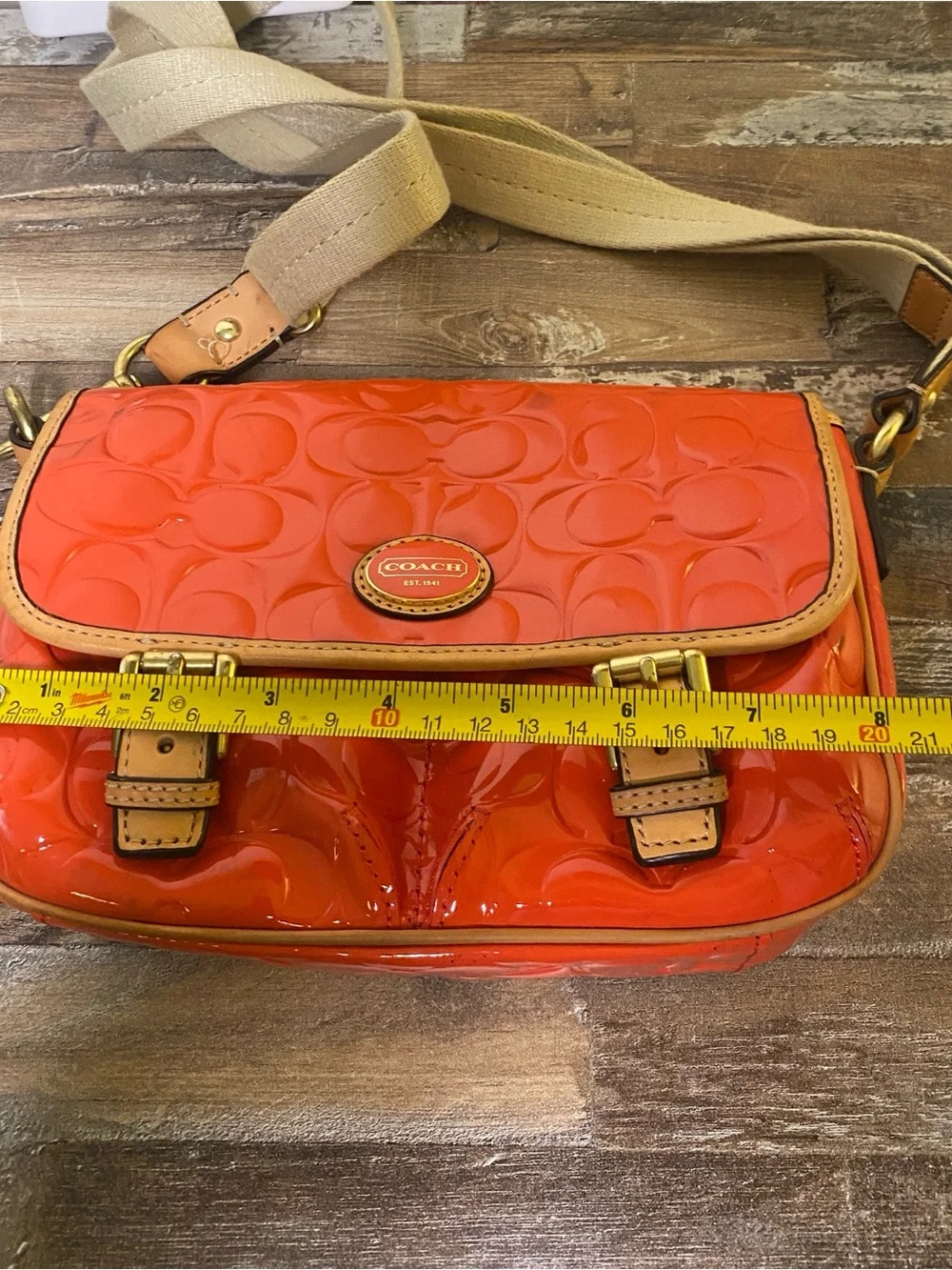 Coach Orange Patent Leather Signature Crossbody with Tan Trim - Picture 11 of 13